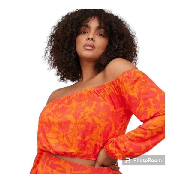 5X 28W Torrid Orange Pink Super Soft Long Sleeve Crop Top Tropical Vacation Elas - Picture 1 of 8
